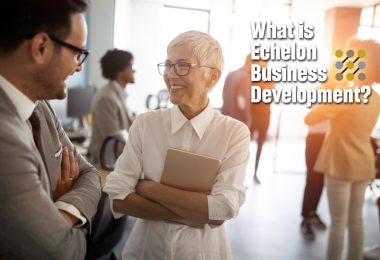 What is Echelon Business Development image of woman and man networking in a room.